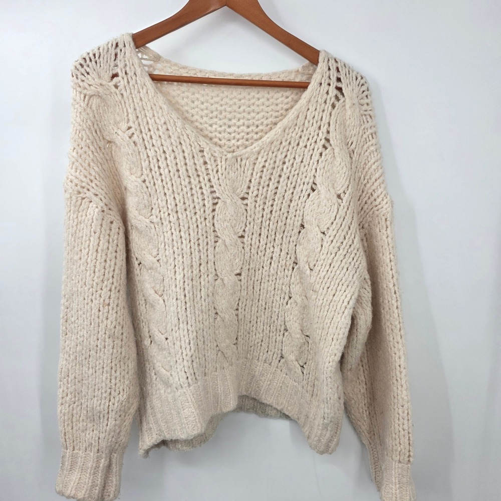 Oak + Fort Womens Cream Chunky Cable Knit V-Neck Oversized Sweater Medium